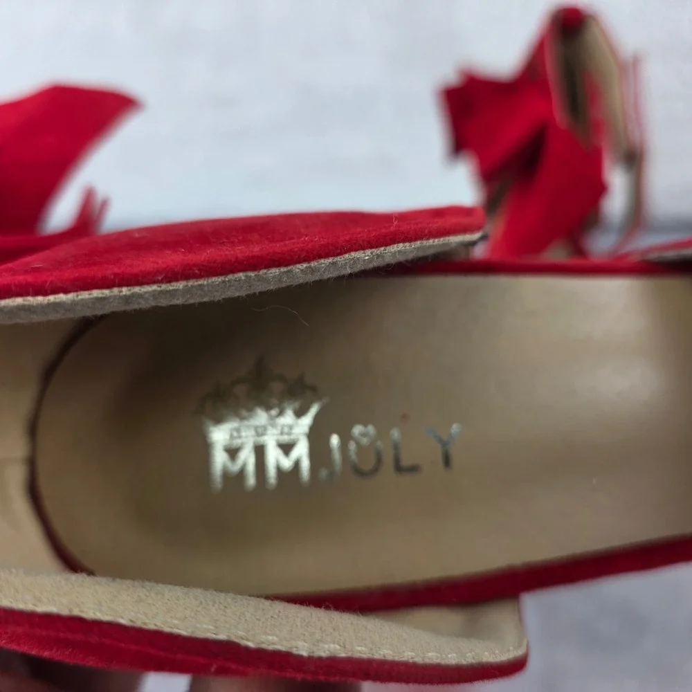 MM Joly Red Faux Suede Pointed Toe Bow Ankle Strap Pumps Stiletto Heels Size 9